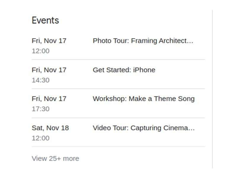 Events displayed on a local result on Google.
